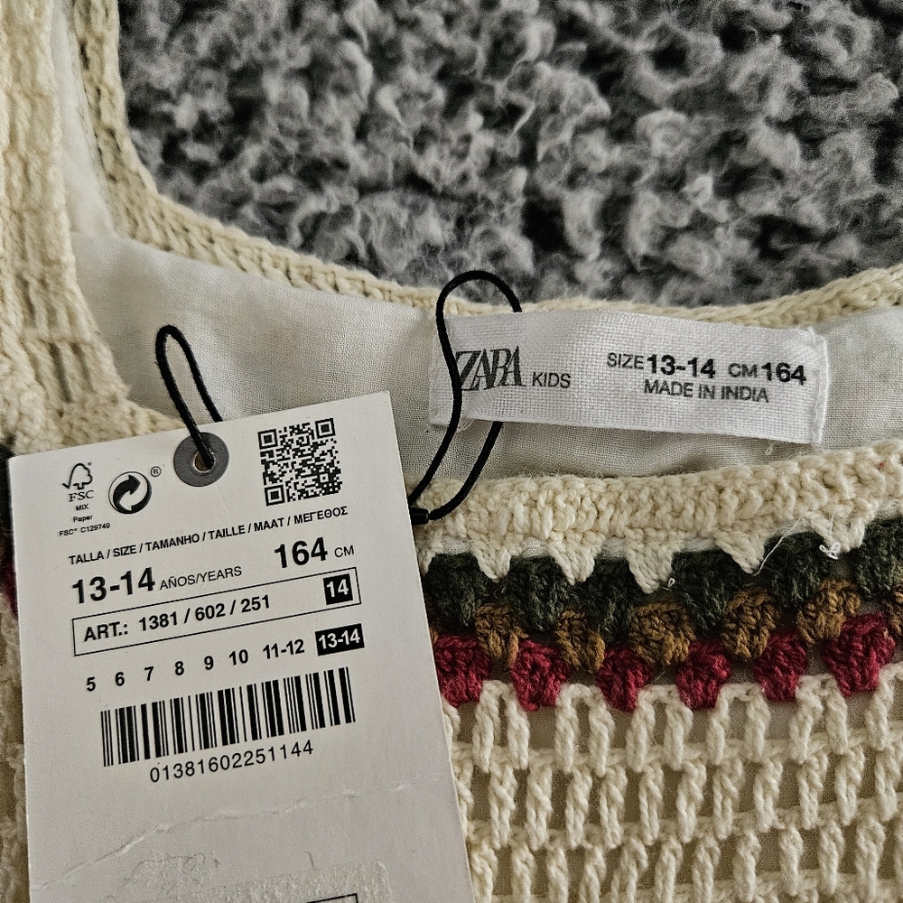 Zara Girls Crochet Dress Size 13-14 L White Cream Sleeveless Cotton Summer Boho - Picture 4 of 10